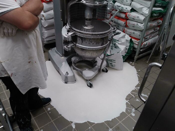 Commercial kitchen mixer spilled large amount of liquid onto floor causing kitchen fail