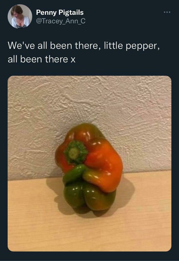 Bell pepper shaped like a person hugging itself with pareidolia effect