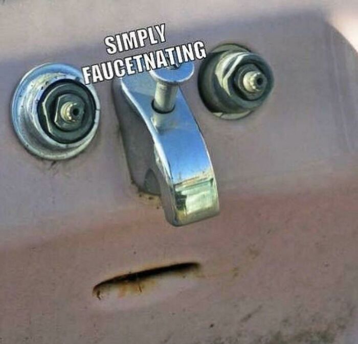 Pareidolia of a faucet and knobs looking like a surprised face on a sink