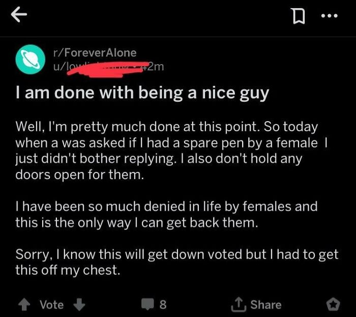 Reddit post about being done with being a nice guy after rejection