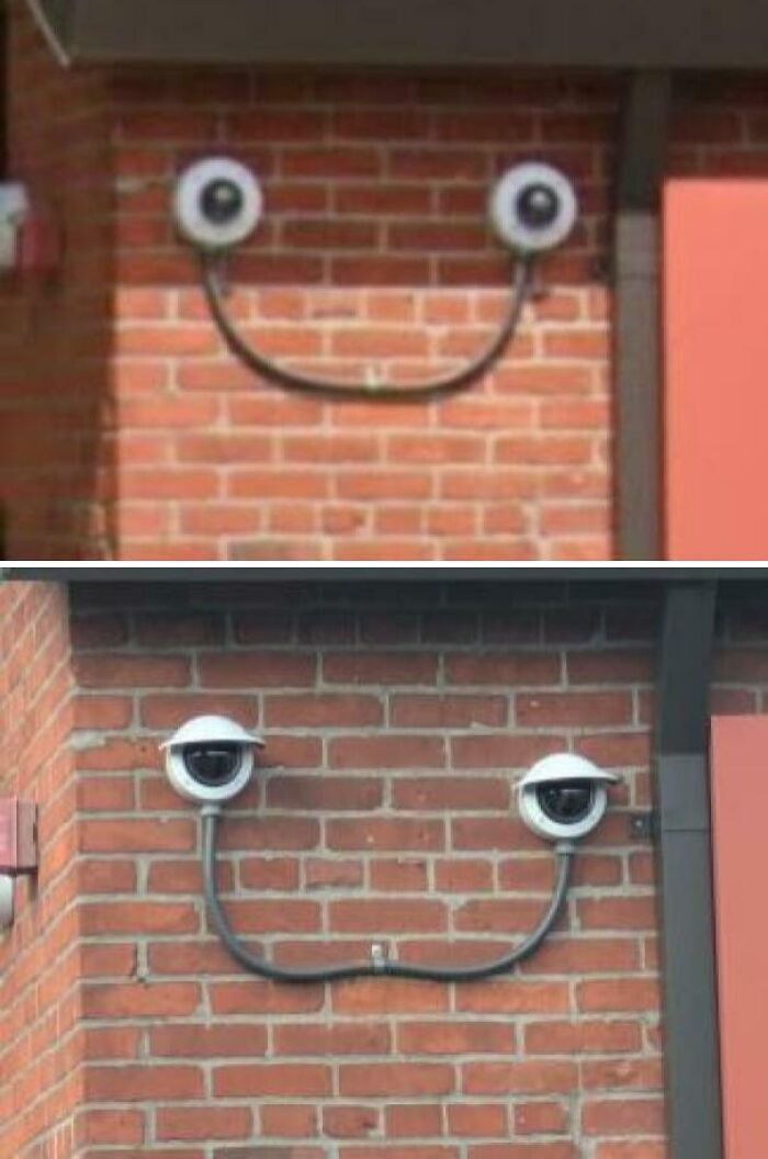 Wall sensors and pipes forming a smiling face pattern pareidolia
