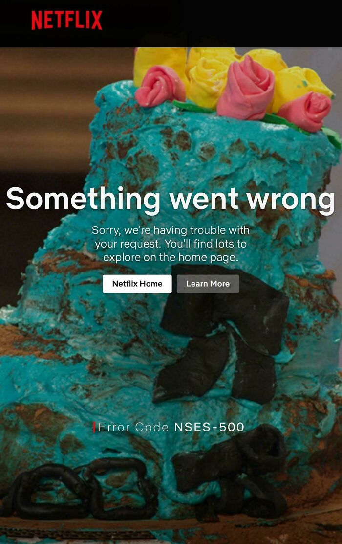 Netflix error screen with a cake background, showing a bug in a service related to consumerism and price difference.