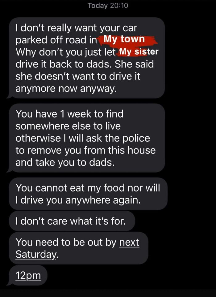 Text messages from insane parents, with demands about a car, eviction, and denying food/transportation.