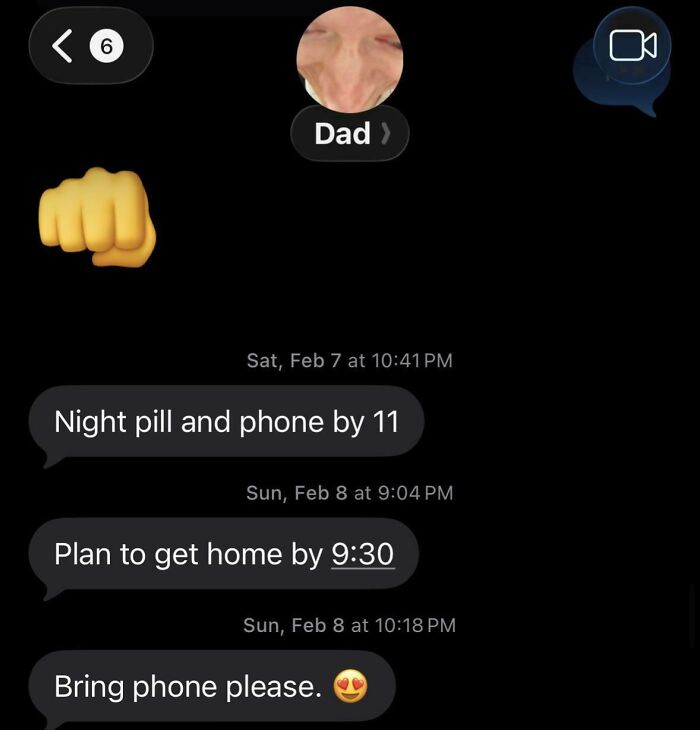 A text message conversation from an insane parent named Dad, sending controlling messages about bedtime and curfews.