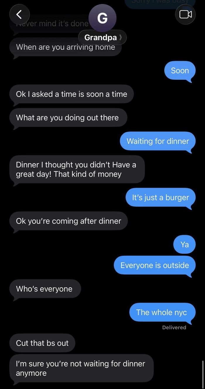 A text conversation displaying an "Insane Parent" interrogating their child about being out for dinner.
