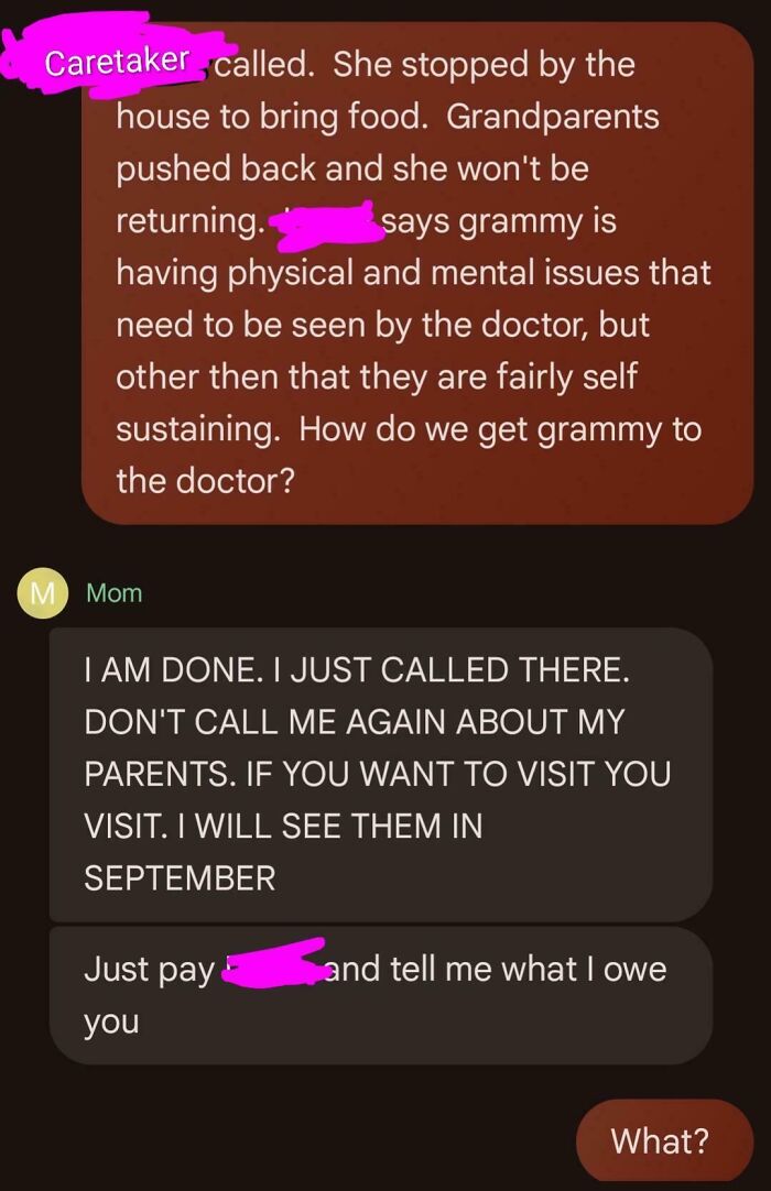 A text message exchange discussing elderly parents needing medical care, highlighting potential insane parents behavior.