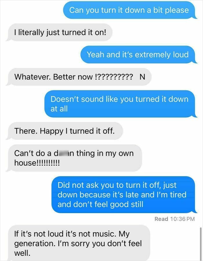 A text message conversation showing an insane parent making their kid's life difficult by turning music off completely when asked to turn it down.