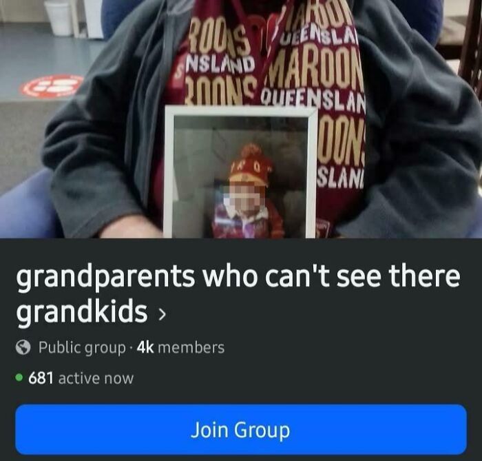 A person wearing a maroon shirt holds a framed photo of a blurred child. Below is a group titled "grandparents who can't see their grandkids," highlighting difficult lives caused by insane parents.