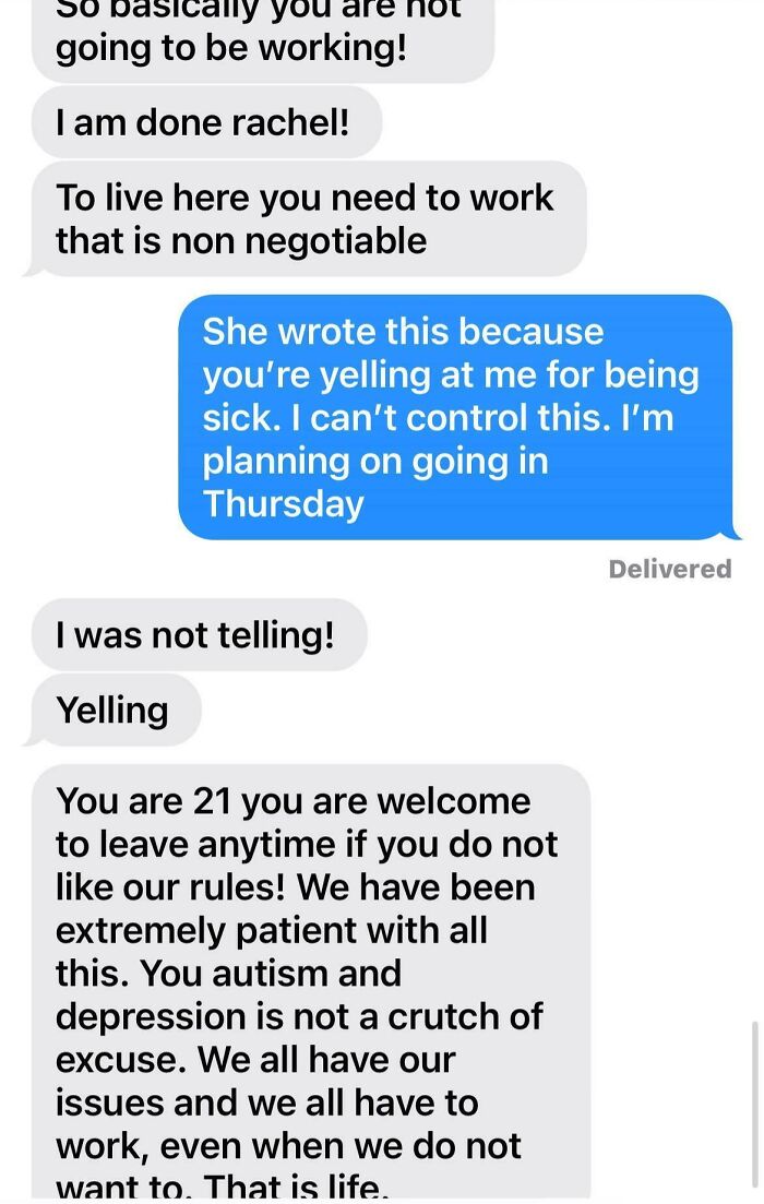 A phone screen showing an iMessage conversation from a mother to her child, typical of insane parents.