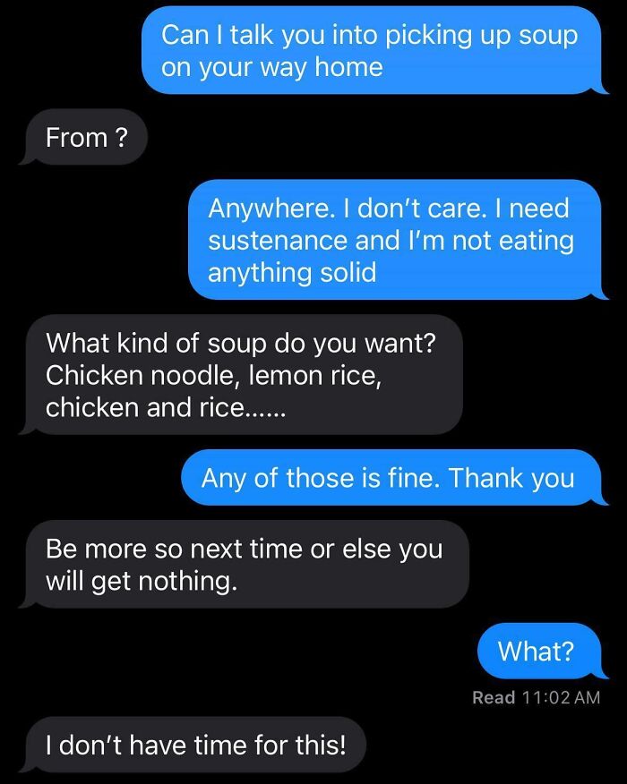 A text message conversation showing an insane parent refusing to pick up soup for their child, despite the child being unwell.
