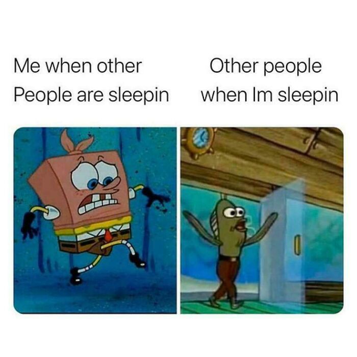 A meme shows Spongebob running frantically and a fish dancing, depicting relatable memes about sleeping.