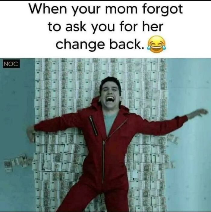 A person in a red jumpsuit lying on a wall of money, yelling in joy. A relatable meme about forgotten change.