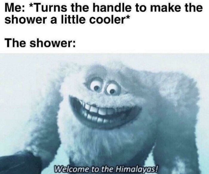 A relatable meme about turning the shower handle to make it cooler, only for it to become freezing. It features the Yeti from Monsters, Inc. saying "Welcome to the Himalayas!"