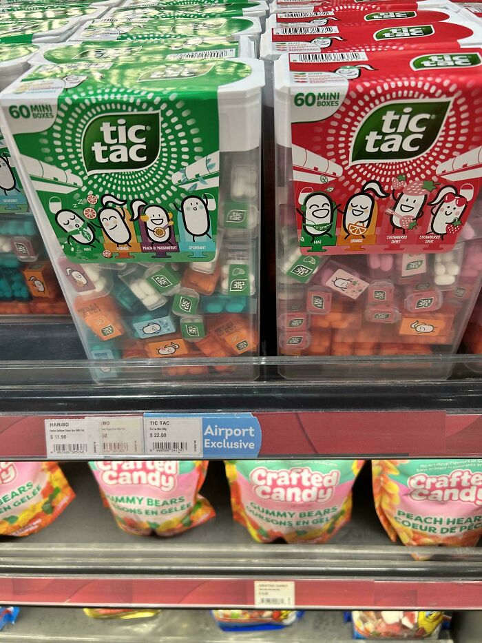 Tic Tac candy boxes with airport exclusive pricing, demonstrating a 400% price difference in consumerism.