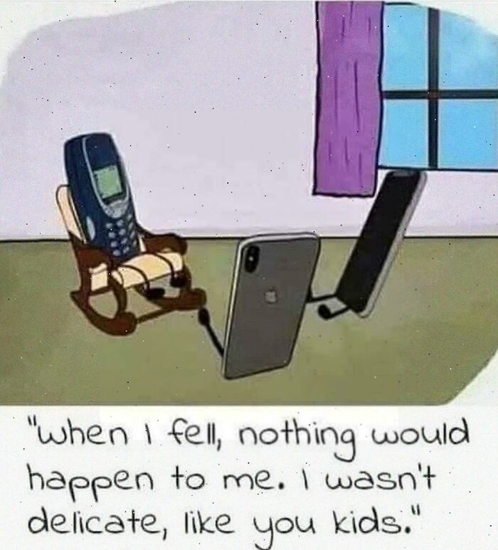 A Nokia 3310 phone as an old person in a rocking chair, talking to two modern smartphones, for 90s kids memes.