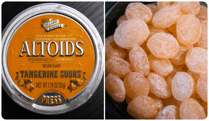 Altoids Tangerine Sours tin and a pile of the candies, a throwback meme for 90s kids.