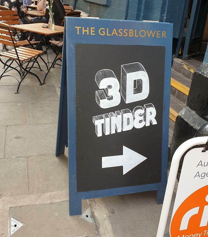 Funny British sign advertising 3D Tinder experience at The Glassblower