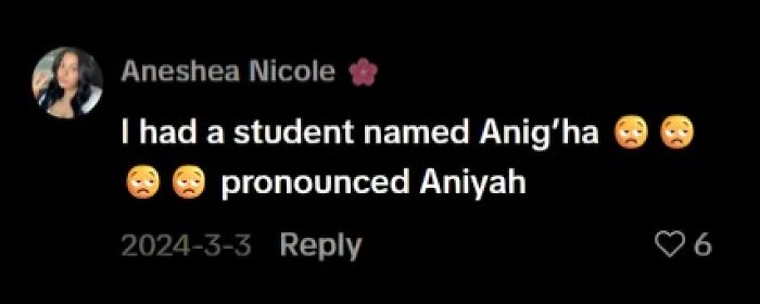 A screenshot of a social media comment from Aneshea Nicole discussing unusual kid names, featuring a poorly spelled name.