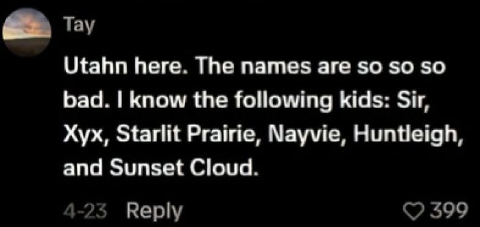 A black screen shows a tweet by Tay, listing bizarre names like Sir, Xyx, Nayvie, Huntleigh, and Sunset Cloud, for kids, highlighting parents not thinking straight when naming their kids.