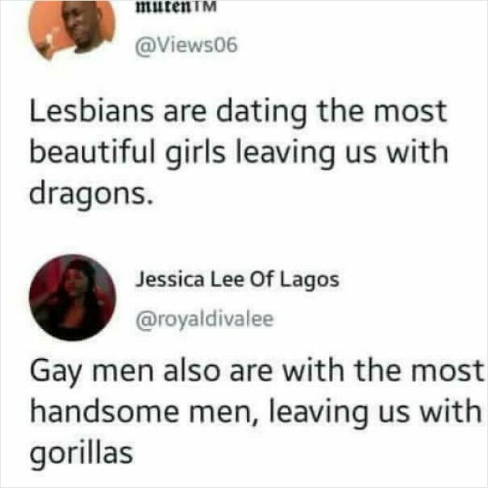 A screenshot of two tweets making relatable memes about dating. The top tweet talks about lesbians and dragons, the bottom about gay men and gorillas.