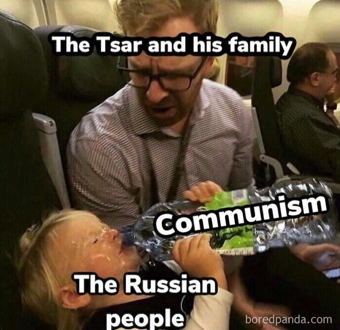 A funny history meme depicting a man, Tsar, pouring a bottle labeled Communism onto a child, Russian people.