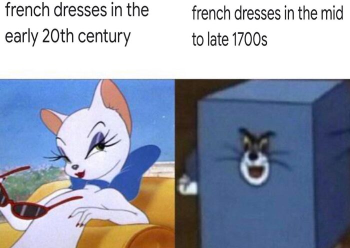 Funny history memes comparing early 20th-century French dresses to those in the 1700s, using cartoon cat expressions.