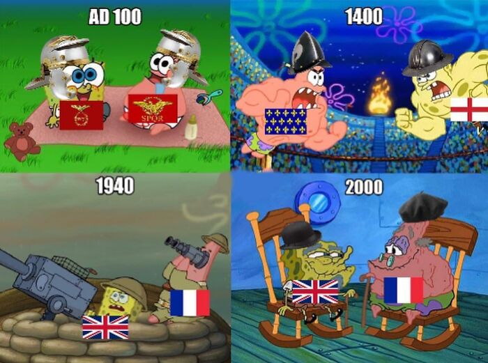 Funny history memes. Spongebob and Patrick as Romans, medieval knights, WW2 soldiers, and old men.