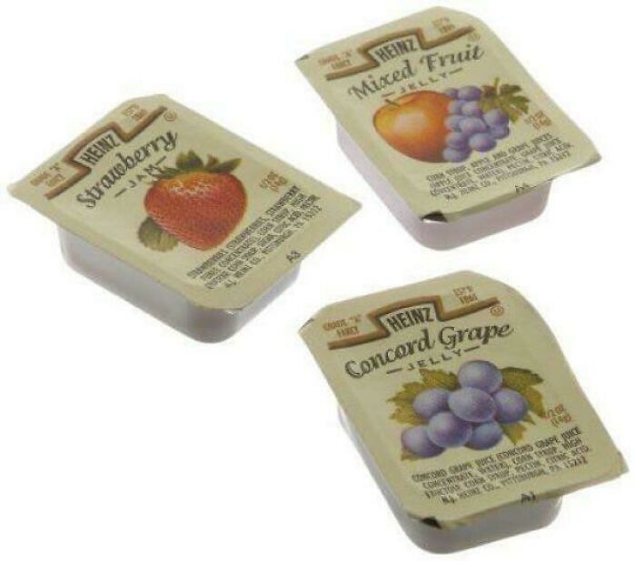 Heinz jam and jelly packets, a throwback meme for 90s kids who remember school lunches.