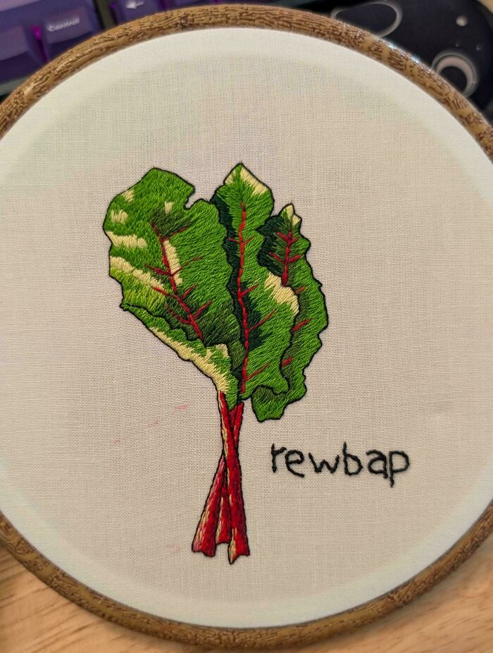 Handcrafted embroidery projects showing a rhubarb plant stitched inside an embroidery hoop.