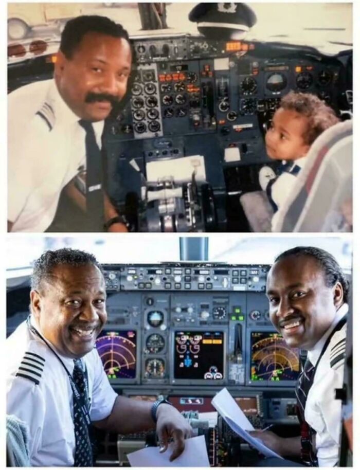 A two-panel image showing a father and son, both pilots, in a cockpit, representing uplifting posts through generations.