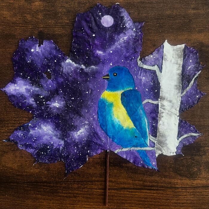 A handmade project of a blue bird on a leaf with a starry night sky, showcasing artistic talent.