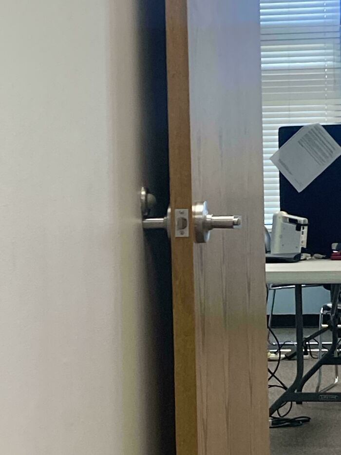 Funny you had one job fail: a door with a misaligned doorknob installed incorrectly, leaving a gap.