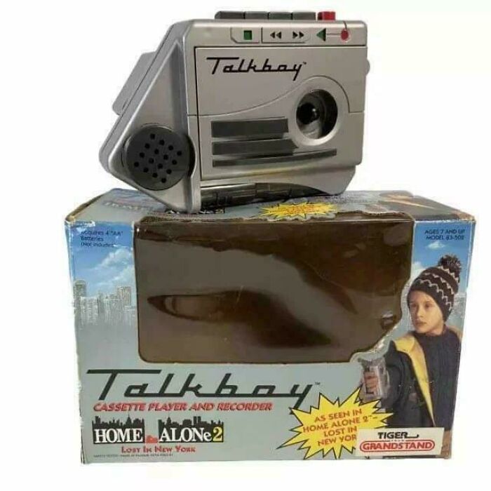 A Talkboy cassette player and recorder in its original box, a classic 90s kid throwback meme.