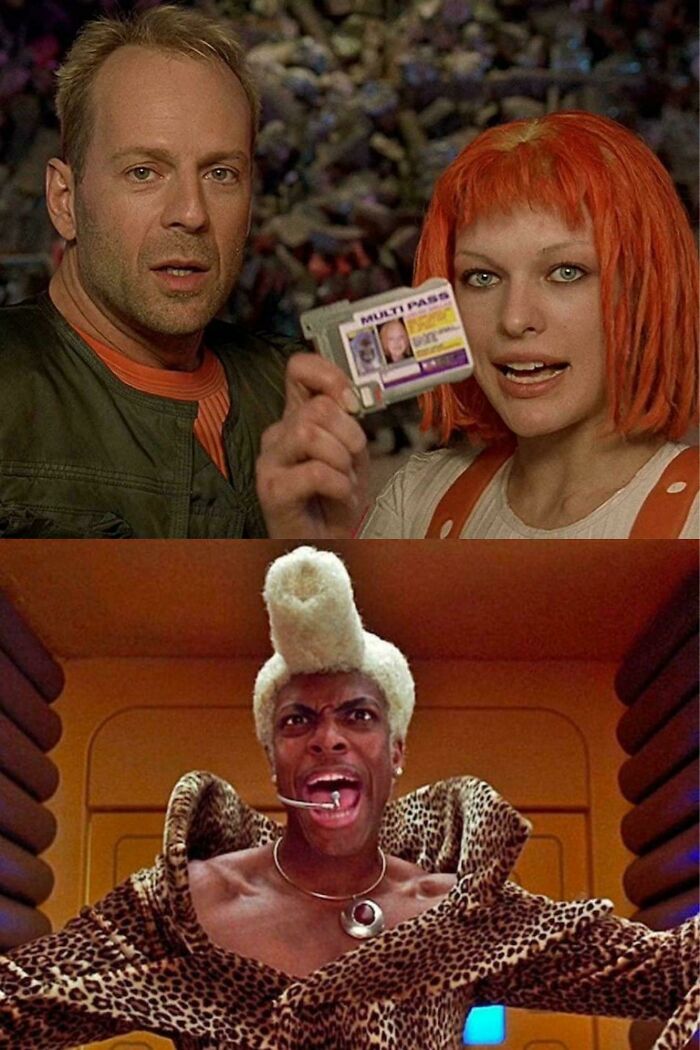 Movie scenes featuring Bruce Willis, Milla Jovovich holding a multipass, and Chris Tucker in iconic 90s kid fashion for throwback memes.
