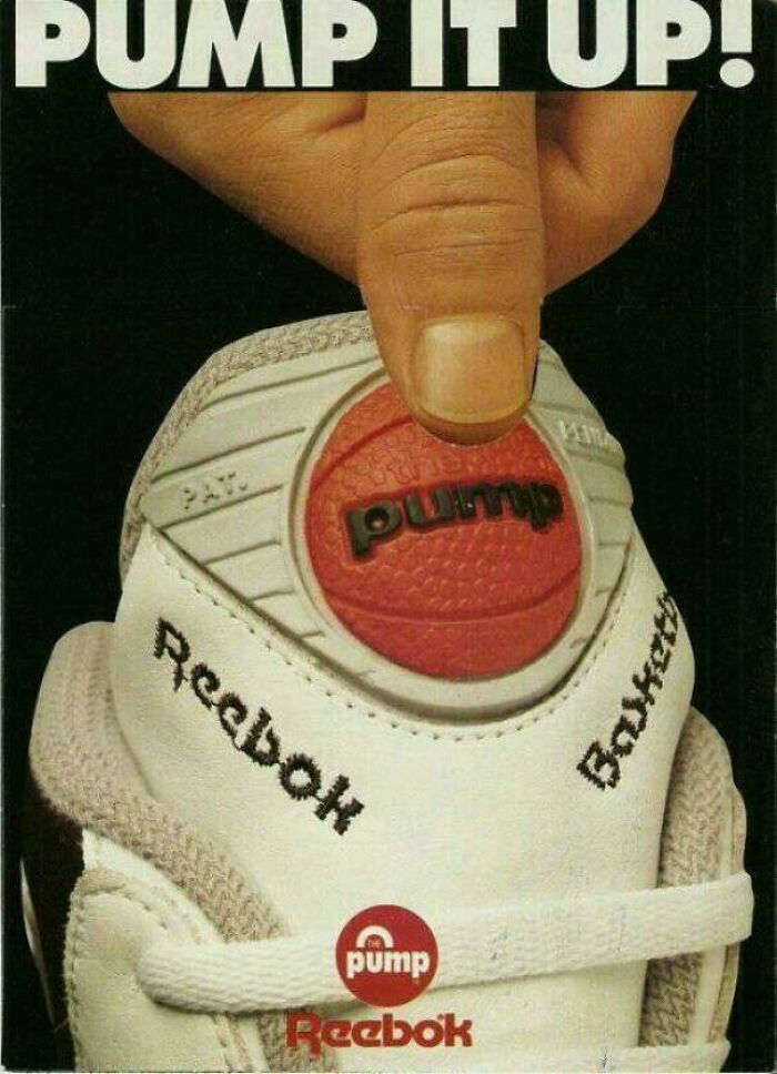 A Reebok Pump It Up ad featuring a hand pressing the basketball pump on a white sneaker, a true 90s kid icon.