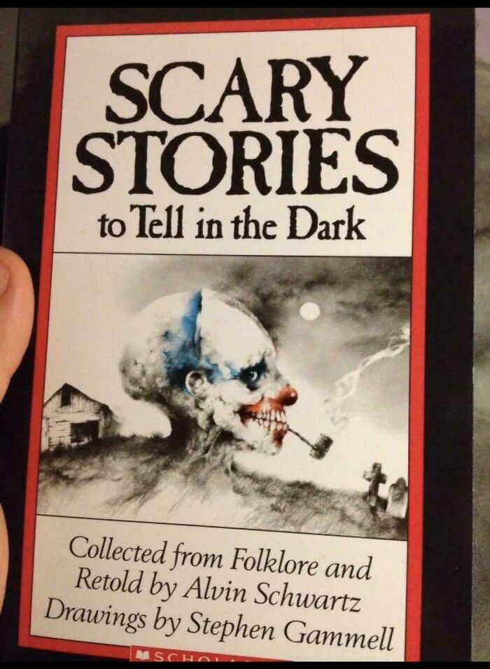 The cover of Scary Stories to Tell in the Dark, a classic 90s kid book with a spooky clown drawing for throwback memes.