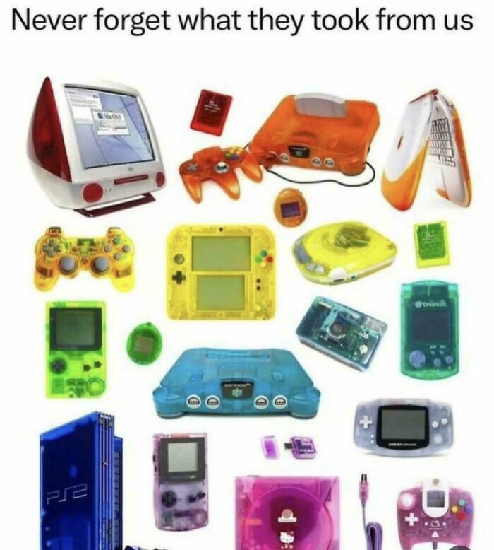 A collection of colorful 90s kid electronic gadgets like a transparent Game Boy and an iMac, evoking throwback memes.