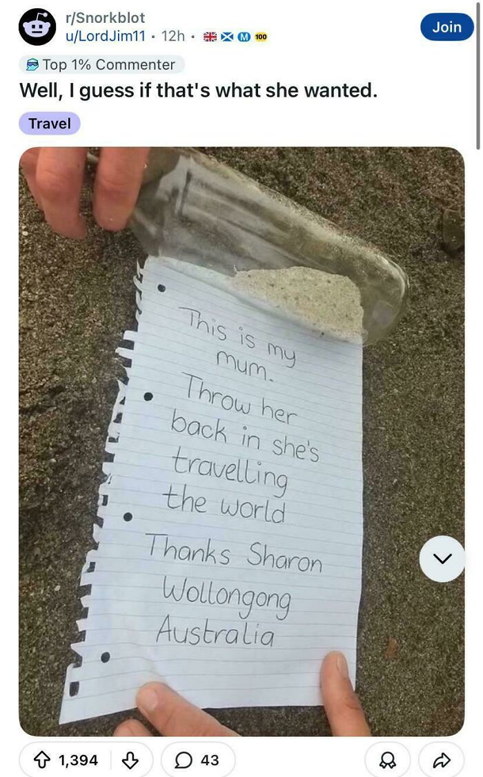Note in bottle asking to throw mom back to sea while traveling the world