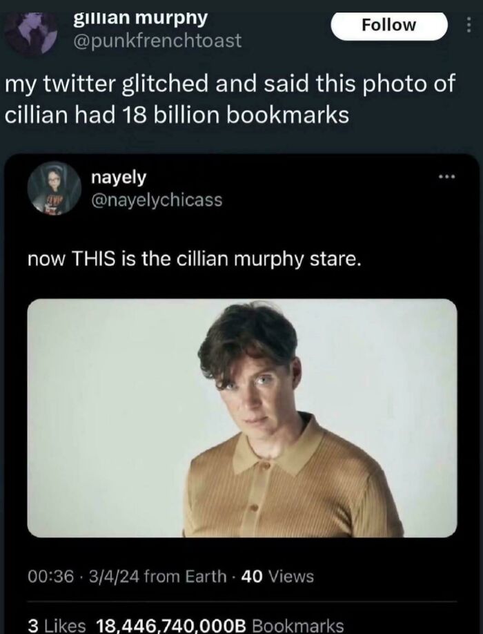 Twitter glitch showing photo of Cillian Murphy with billions of bookmarks