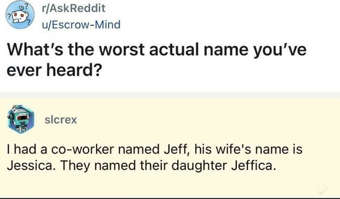 Funny Reddit post about worst actual name Jeffica combining Jeff and Jessica