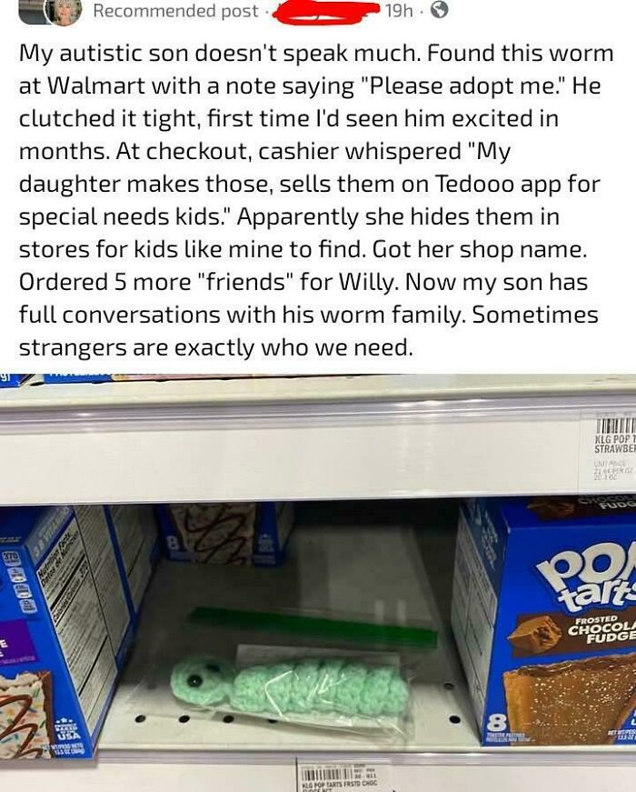 Story of autistic son finding a worm toy with adopt me note at Walmart