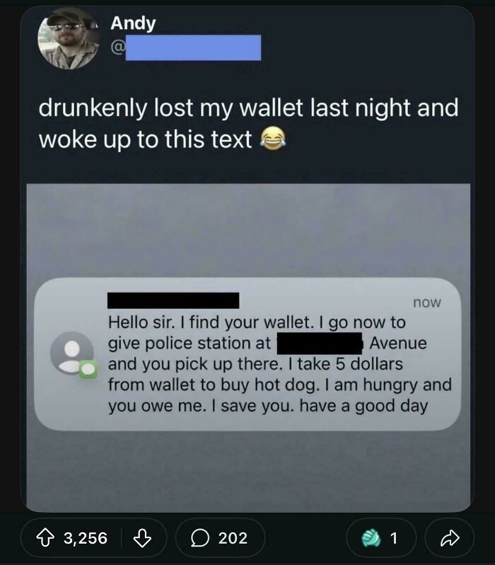 Text message from person who found wallet and took five dollars for hot dog