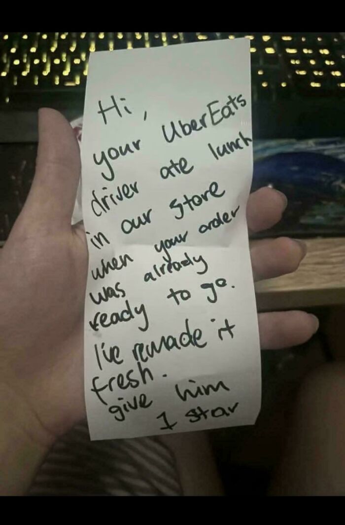 Handwritten note about UberEats driver eating customer's order