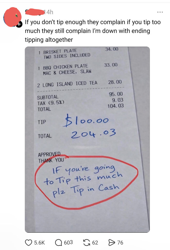 Photo of restaurant receipt with $100 tip and note to tip in cash