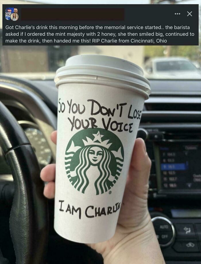 Starbucks cup with message supporting Charlie