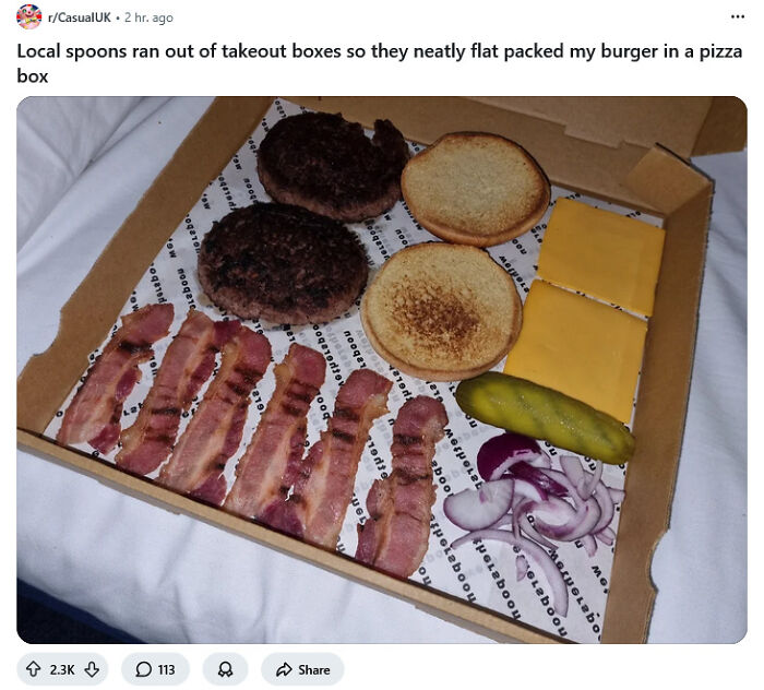 Burger ingredients neatly packed in a pizza box