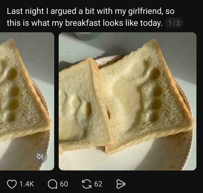 Slices of bread with dents from an argument breakfast