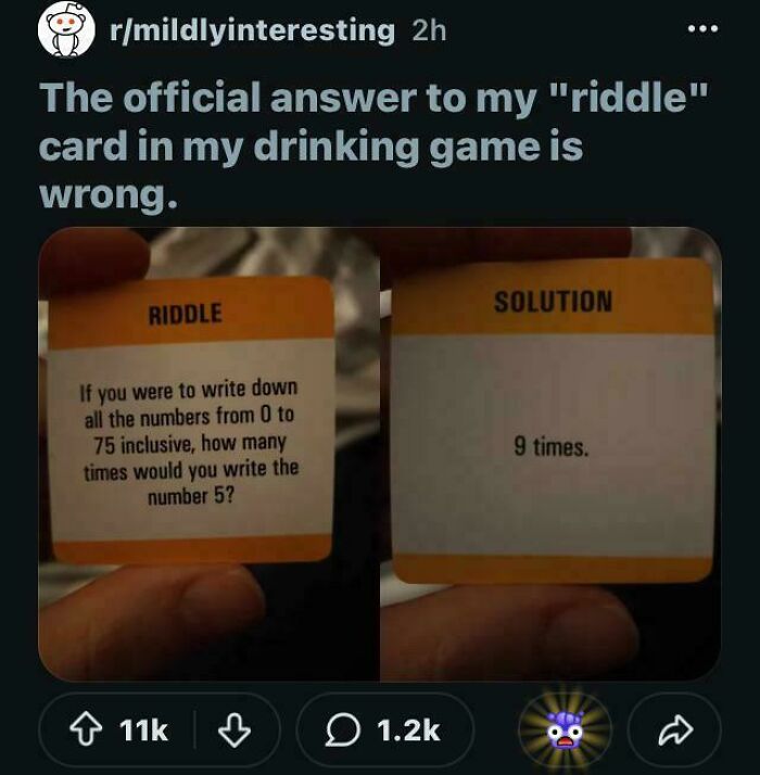 Riddle and solution card from drinking game with question about writing number 5