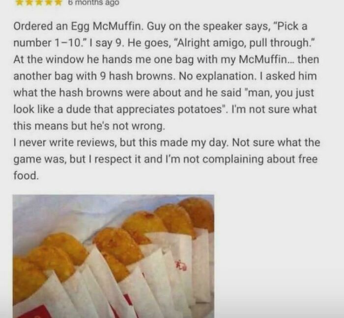 Customer review of Egg McMuffin with free hash browns after picking number 9
