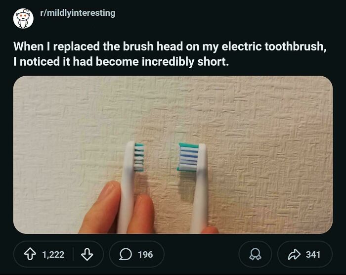 Comparison of old and new electric toothbrush heads showing short bristles